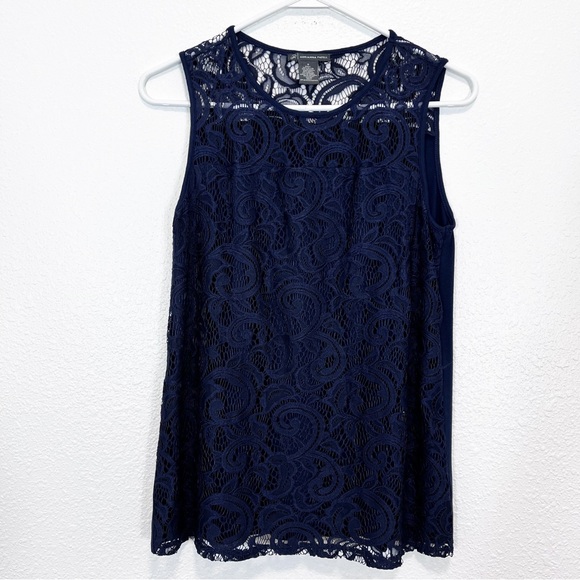 Adrianna Papell Navy Blue Sleeveless Lace Overlay Blouse Size Small - Picture 1 of 6